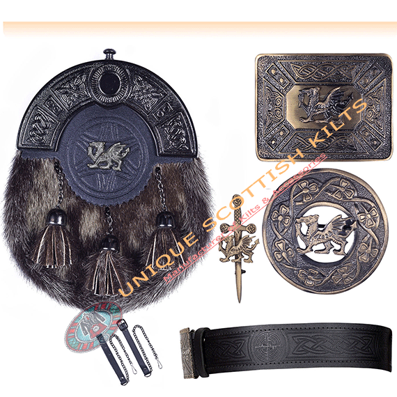 Scottish Handmade Dragon Badge full Dress Kilt sporran with Accessories