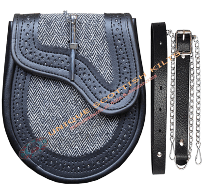 Scottish Kilt Grey Tweed Black Leather Sporran with Pin Lock & Chain Belt