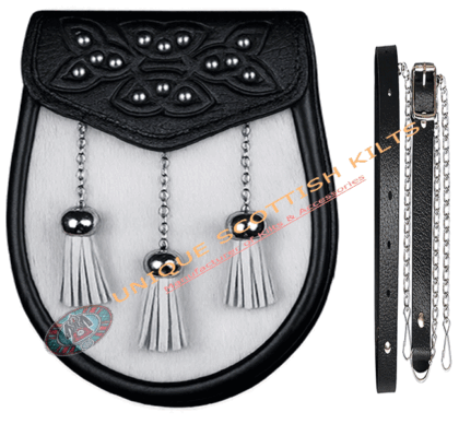 Scottish Black Leather & White Bovine Skin Semi Dress Highland Sporran with Chain & Strap