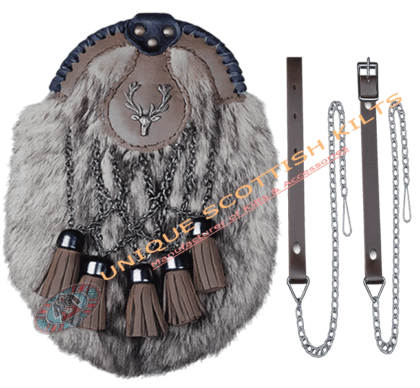 Scottish Full Dress Kilt Sporran - Stag Head Badge Brown Leather with Coyote Fur Chain & Strap