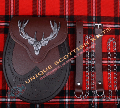 Scottish Brown Leather Stag Head Badge Kilt Sporran with Chain Belt
