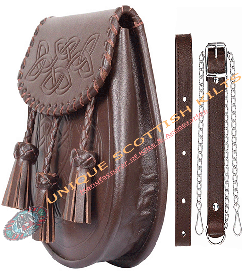 Celtic Embossed Brown Leather Kilt Sporran with chain and Straps - Image 2
