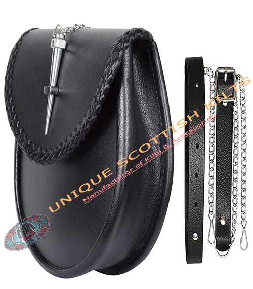 Plain Black Leather Pin Lock Kilt Sporran With Belt and chain - Image 3