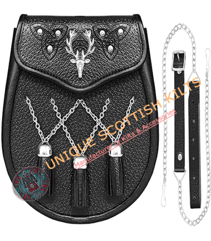 Stage Head Black Leather Semi Dress Kilt Sporran With chain & Strap