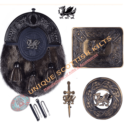 Scottish Handmade Dragon Badge full Dress Kilt sporran with Accessories