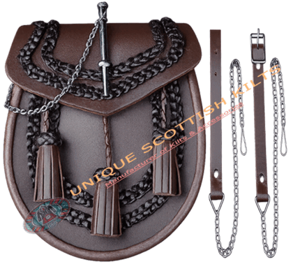 Brown Leather Jacobite Latch Pin Lock Kilt Sporran Chain & Strap