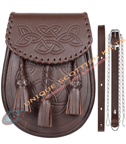 Celtic Embossed Brown Leather Kilt Sporran with chain and Straps