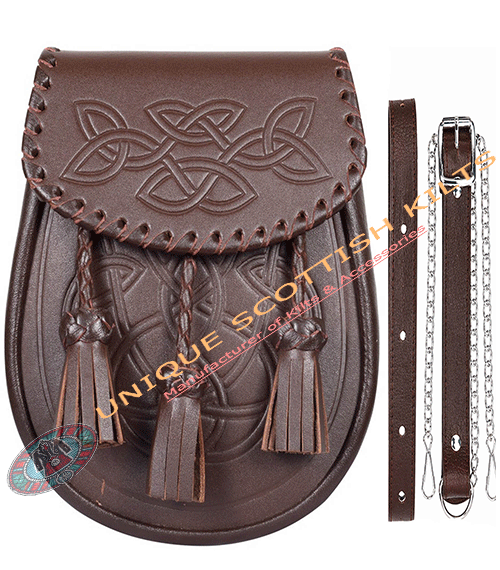 Celtic Embossed Brown Leather Kilt Sporran with chain and Straps