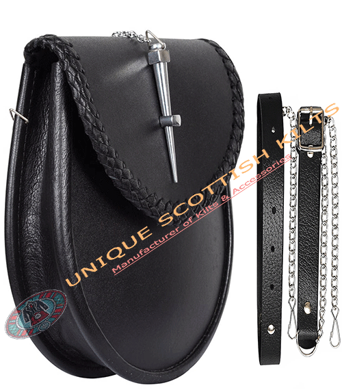 Plain Black Leather Pin Lock Kilt Sporran With Belt and chain - Image 2