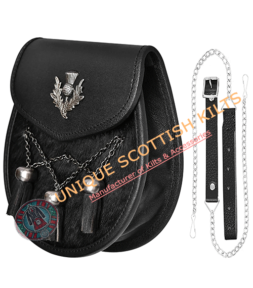 Black Leather Semi Dress kilt sporran With thistle badge & chain Strap - Image 2