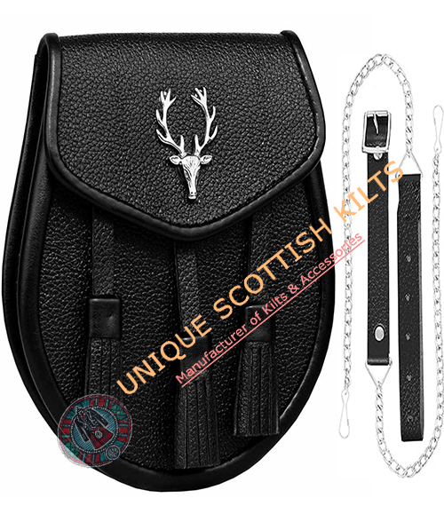 Stage Head Black Leather Semi Dress Kilt Sporran With chain & Strap - Image 2