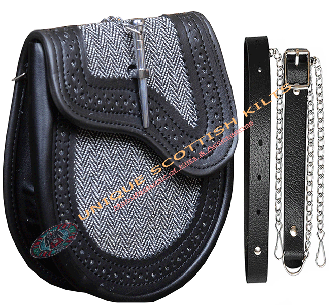 Scottish Kilt Grey Tweed Black Leather Sporran with Pin Lock & Chain Belt - Image 2