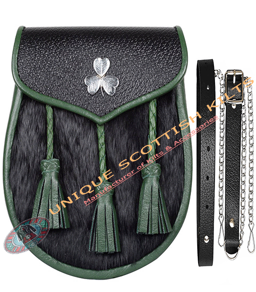 Shamrock Leaf Emblem Fur Sporran -Scottish Semi Dress Sporran with Belt & Strap