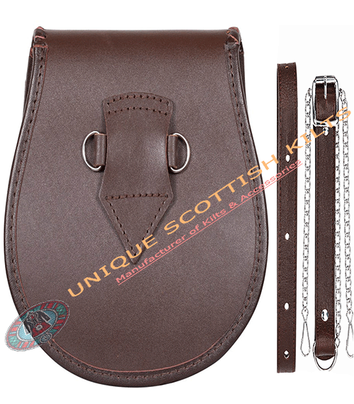 Celtic Embossed Brown Leather Kilt Sporran with chain and Straps - Image 3