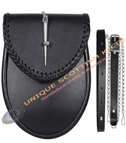 Plain Black Leather Pin Lock Kilt Sporran With Belt and chain
