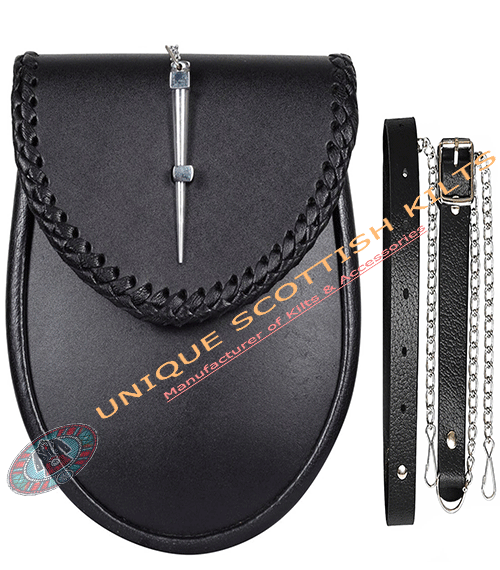 Plain Black Leather Pin Lock Kilt Sporran With Belt and chain