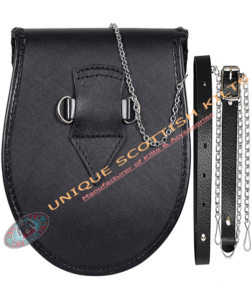 Plain Black Leather Pin Lock Kilt Sporran With Belt and chain - Image 4
