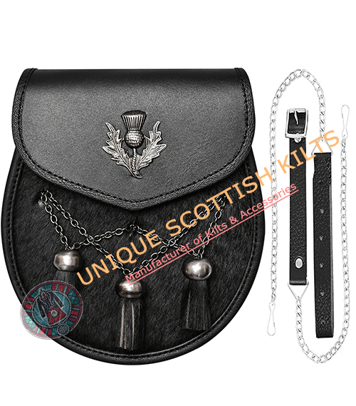 Black Leather Semi Dress kilt sporran With thistle badge & chain Strap