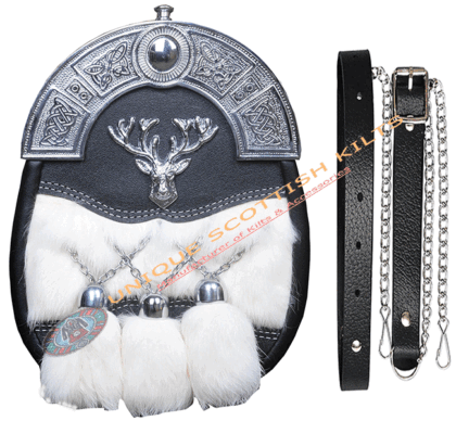 Scottish Handmade White Rabbit Fur & Stag Head Badge With Celtic Cantle Full Dress Kilt Sporran