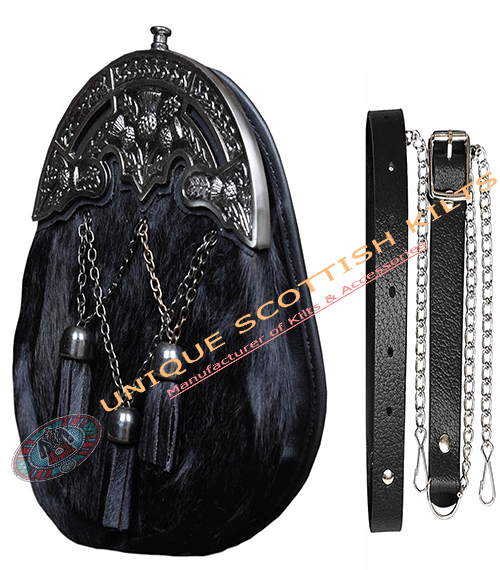 Full Dress Sporran - Thistle Cantle Black Finish Scottish Highland Kilt Sporran With Chain Strap - Image 2