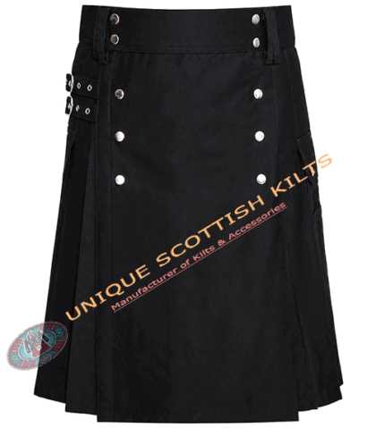 Scottish Handmade Black Cotton Utility kilt