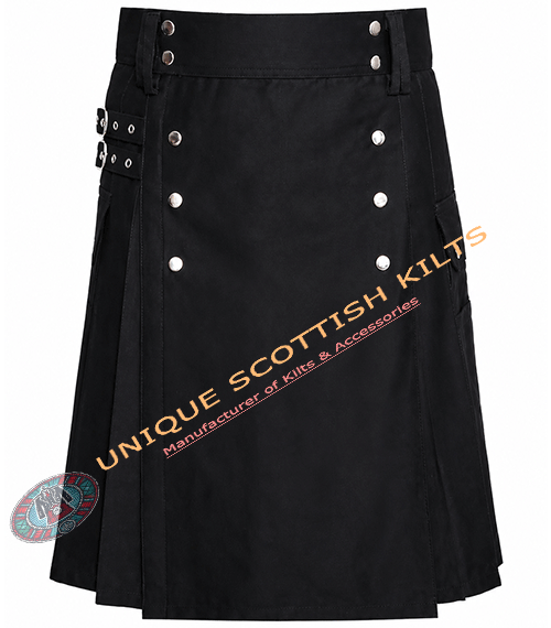 Handmade Black Cotton Utility Scottish kilt