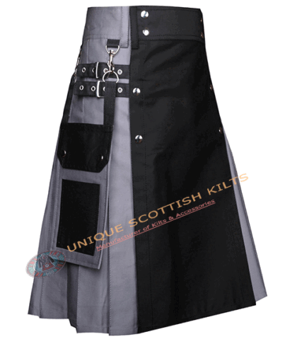 Scottish Handmade Grey & Black Two Tone Cotton Utility Kilt With Adjustable Buttons