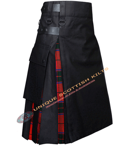 Scottish Handmade Scottish Rose Tartan Hybrid Utility Kilt, Black Cotton with Adjustable Leather Straps
