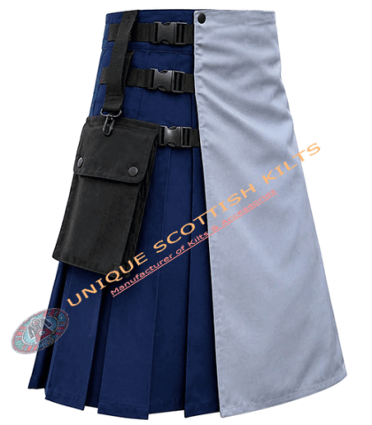Blue & Black Hybrid Kilt Grey Front Apron Cargo Pocket And Nylon Straps