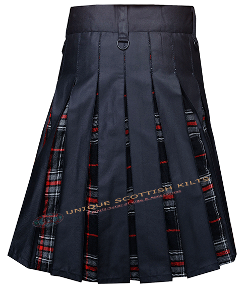 Black Cotton With Spirit of Bruce Tartan Hybrid Utility kilt With Adjustable Leather Straps - Image 4