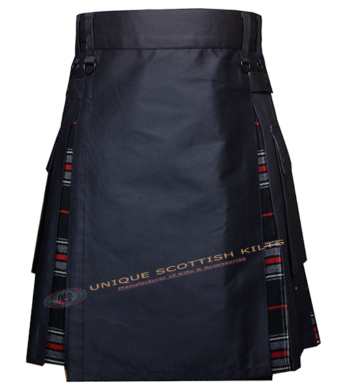 Black Cotton With Spirit of Bruce Tartan Hybrid Utility kilt With Adjustable Leather Straps - Image 2