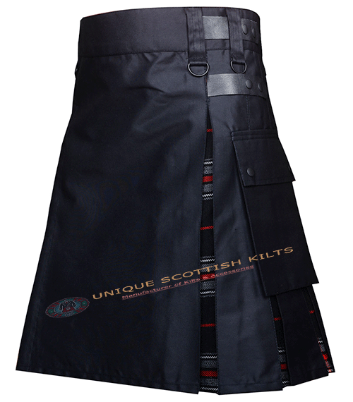Black Cotton With Spirit of Bruce Tartan Hybrid Utility kilt With Adjustable Leather Straps - Image 3