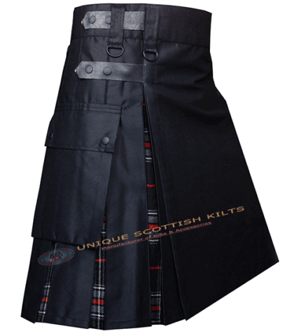Black Cotton With Spirit of Bruce Tartan Hybrid Utility kilt With Adjustable Leather Straps