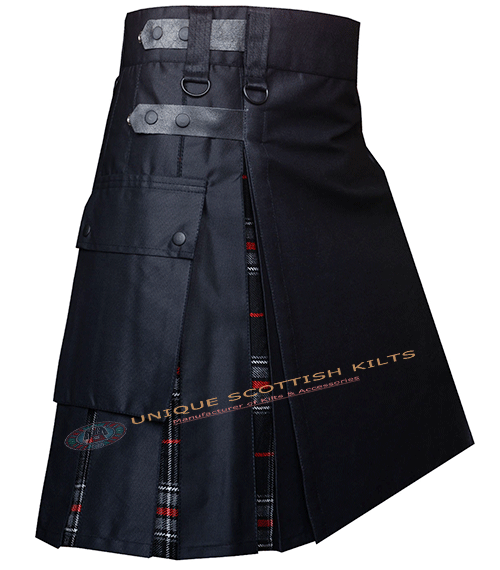 Black Cotton With Spirit of Bruce Tartan Hybrid Utility kilt With Adjustable Leather Straps