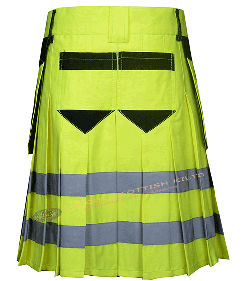 Fluorescent Green Cotton Fireman Utility Kilt With Scottish Tactical Design - Image 4