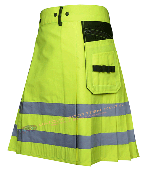 Fluorescent Green Cotton Fireman Utility Kilt With Scottish Tactical Design - Image 3