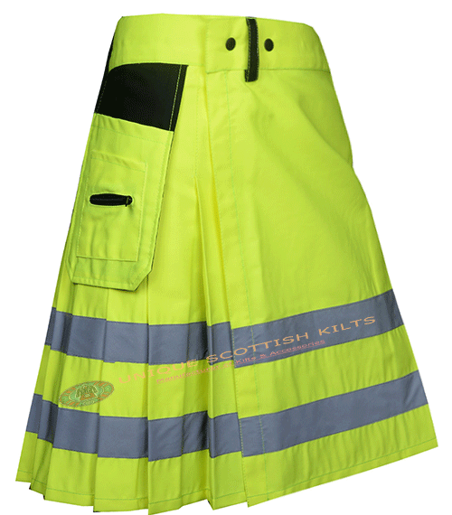 Fluorescent Green Cotton Fireman Utility Kilt With Scottish Tactical Design
