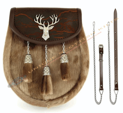 Bridal Hide Semi Dress Brown Cow Skin Sporran With Stag Head Badge & Belt Chain
