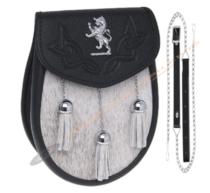 Scottish Black Leather & White Cow Skin Sporran With Lion Rampant Badge & Belt Chain