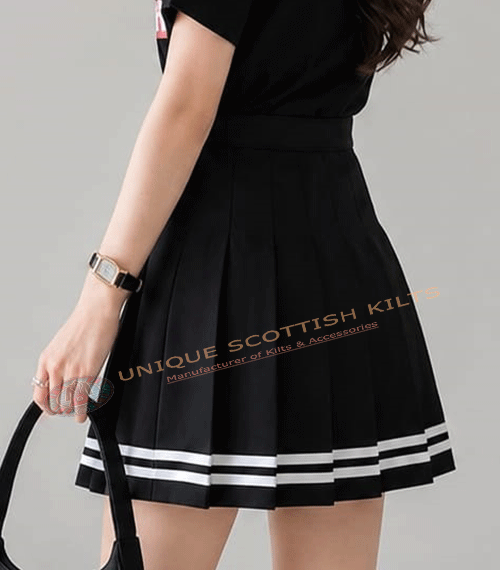 Black Cotton Pleated Mini Skirt for Women With White Striped - All Round Pleats - Image 2