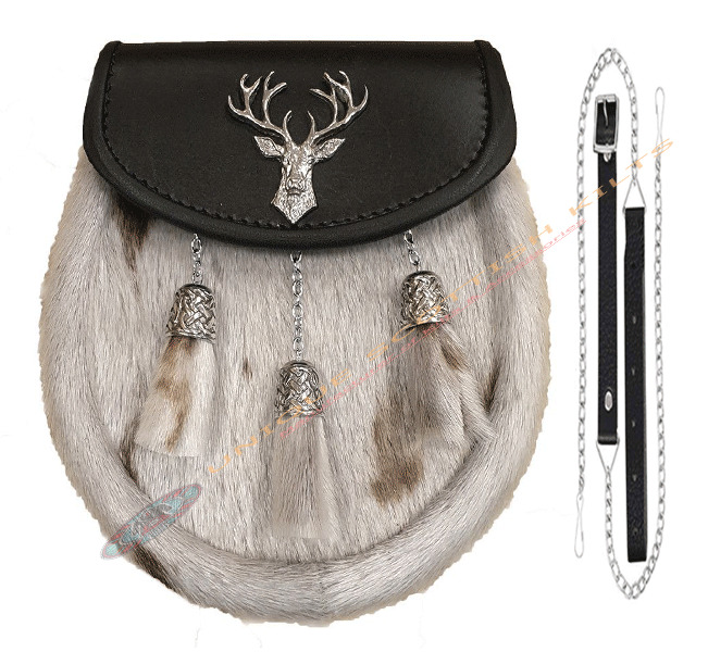 Black Leather & White Cow Skin Sporran Semi Dress Stag Head Badge Sporran with Chain & Strap