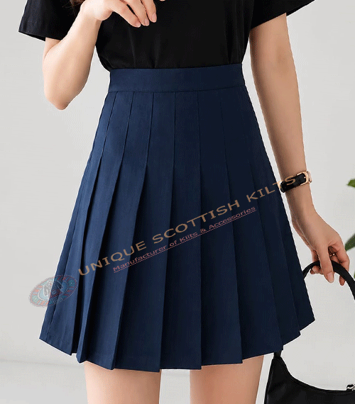 Scottish Handmade Navy Blue Cotton Pleated Mini Skirt for Women - All Round Pleats