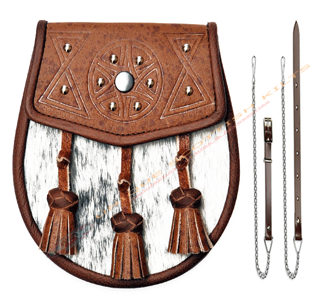 Scottish Handmade Brown Pigskin Semi Dress Sporran With Celtic Knot Design