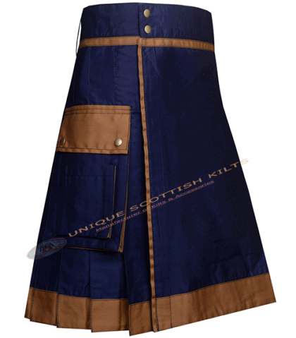 Scottish Navy Blue & Brown Cotton Utility Kilt for Men | Handmade Cotton Workwear Kilt