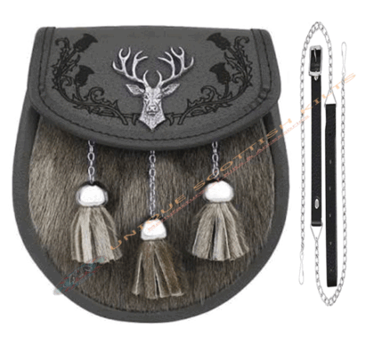 Scottish Handmade Grey Cow Skin Dress Sporran with Stag Head Badge & Celtic Embossed Design