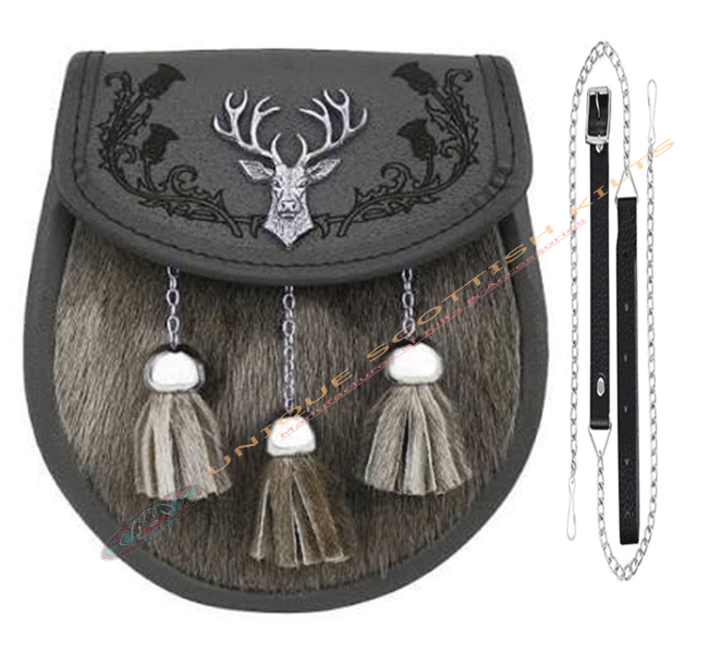 Scottish Handmade Grey Cow Skin Dress Sporran with Stag Head Badge & Celtic Embossed Design