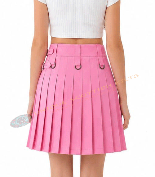 Scottish Pink Cotton Utility Mini Skirt for Women – Pleated Cargo Kilt With Buckle Straps - Image 2