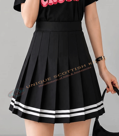 Black Cotton Pleated Mini Skirt for Women With White Striped - All Round Pleats