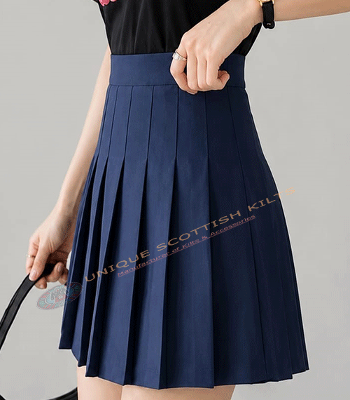 Scottish Handmade Navy Blue Cotton Pleated Mini Skirt for Women - All Round Pleats - Image 2