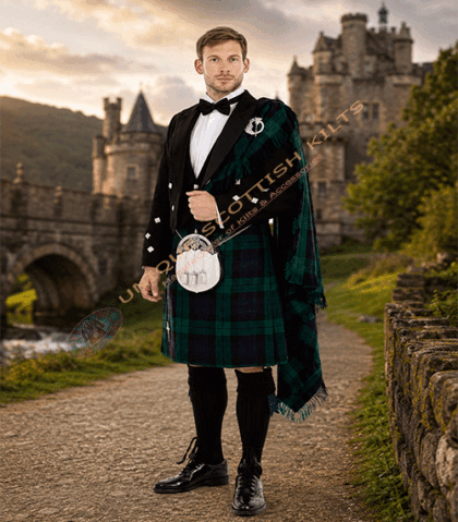 Premium Scottish Tartan Fly Plaid With Brooch – Traditional Highland Shoulder Plaid For Men's Kilt Outfit